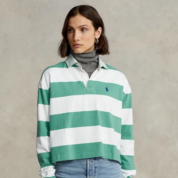Polo Ralph Lauren Tops - Polo by Ralph Lauren Green & White Striped Rugby Shirt
